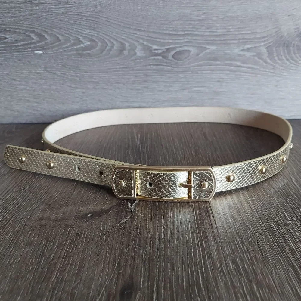 VINTAGE 90s NINE WEST METALLIC GOLD FAUX SNAKESKIN STUDDED LEATHER BELT MEDIUM
